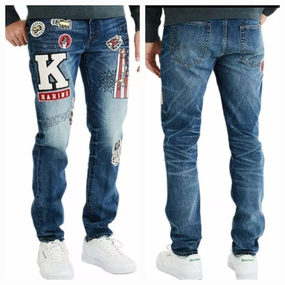 [31X32] AMERICAN EAGLE X KEITH HARING Graffiti mens Patch Denim Jeans 31
